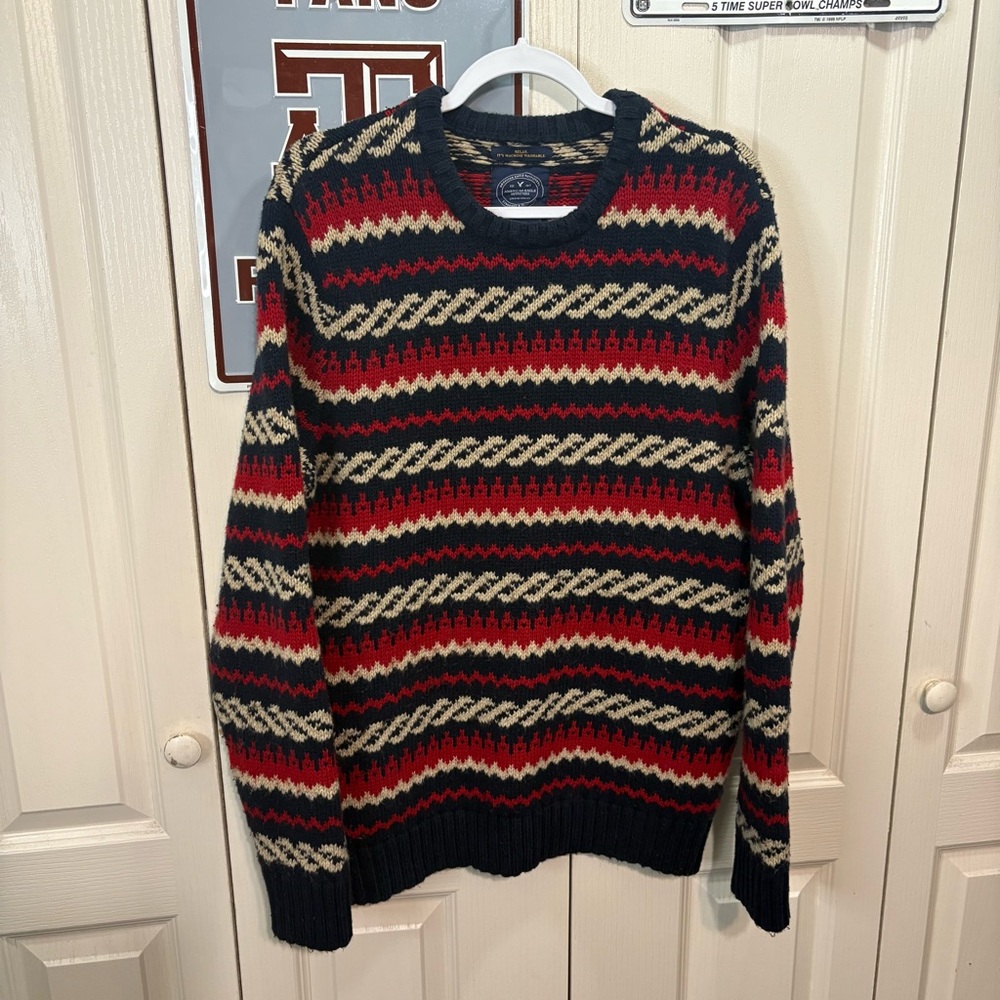 American Eagle Men's Striped Sweater - Red, Beige, and Black